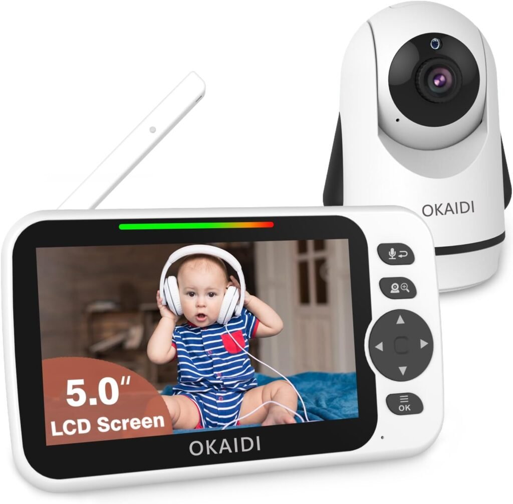 OKAIDI Video Baby Monitor with Camera and Audio, 5 Display Baby Monitor No WiFi, 30H Battery and 1000ft Range Baby Monitor, Remote Pan-Tilt-Zoom Baby Camera, Night Vision, 2-Way Talk, VOX,Temperature