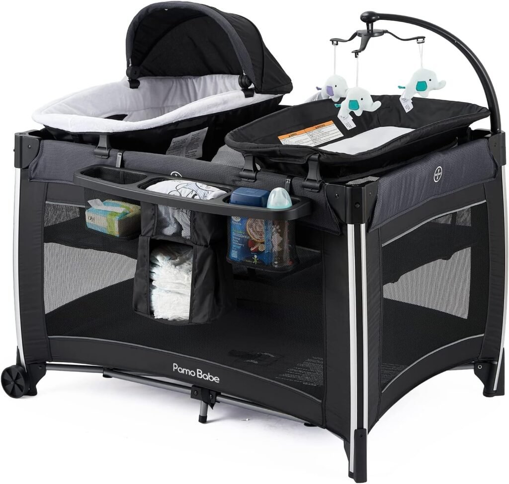 Pamo Babe 4 in 1 Portable Baby Crib Deluxe Nursery Center, Foldable Travel Playard with Bassinet, Mattress, Changing Table for Newborn, Infant, Toddler(Black)