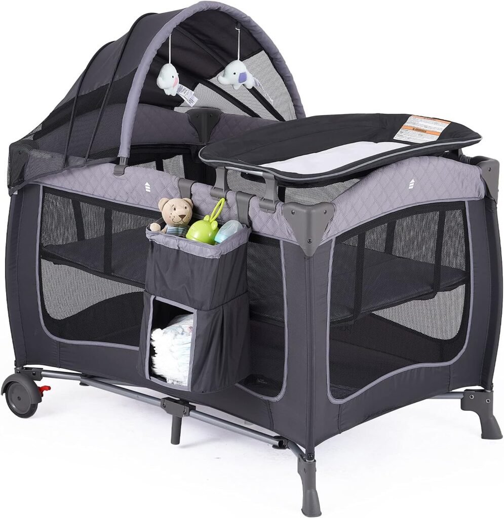 Pamo Babe Portable Baby Nursery Center Baby Playard, Foldable Baby Crib with Changing Table  Wheels(Grey)