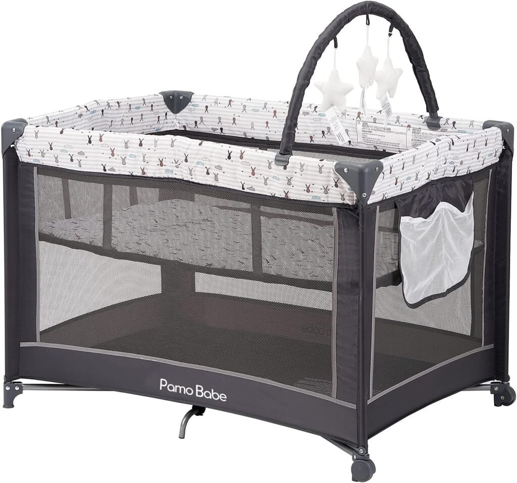 Pamo Babe Portable Playard,Sturdy Play Yard with Mattress and Toy bar with Soft Toys (Grey)
