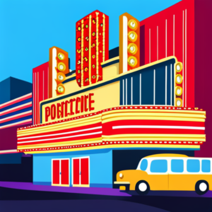 An image showcasing a vibrant movie theater marquee, adorned with glowing neon lights