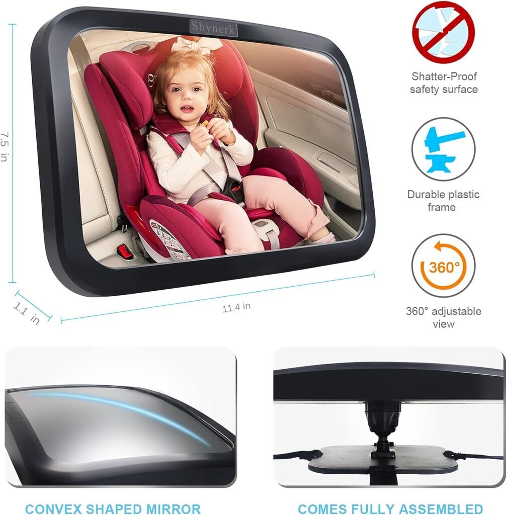 Shynerk Baby Car Mirror, Safety Car Seat Mirror for Rear Facing Infant with Wide Crystal Clear View, Shatterproof, Fully Assembled, Crash Tested and Certified