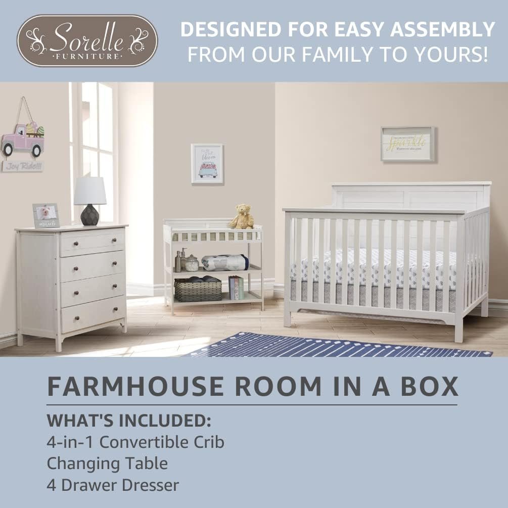 Sorelle Furniture Farmhouse 3-Piece Nursery Set with 4-in-1 Convertible Crib, 4-Drawer Dresser, and Changing Table with Shelves, Baby Furniture Made of Wood, Non-Toxic Finish-Weathered White