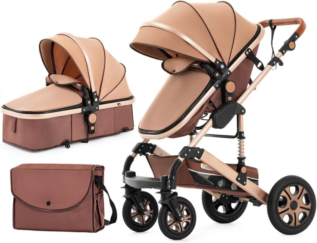 SteAnny Baby Stroller 3-in-1 Pram Portable Baby Carriage Infant Pushchair (Khaki)