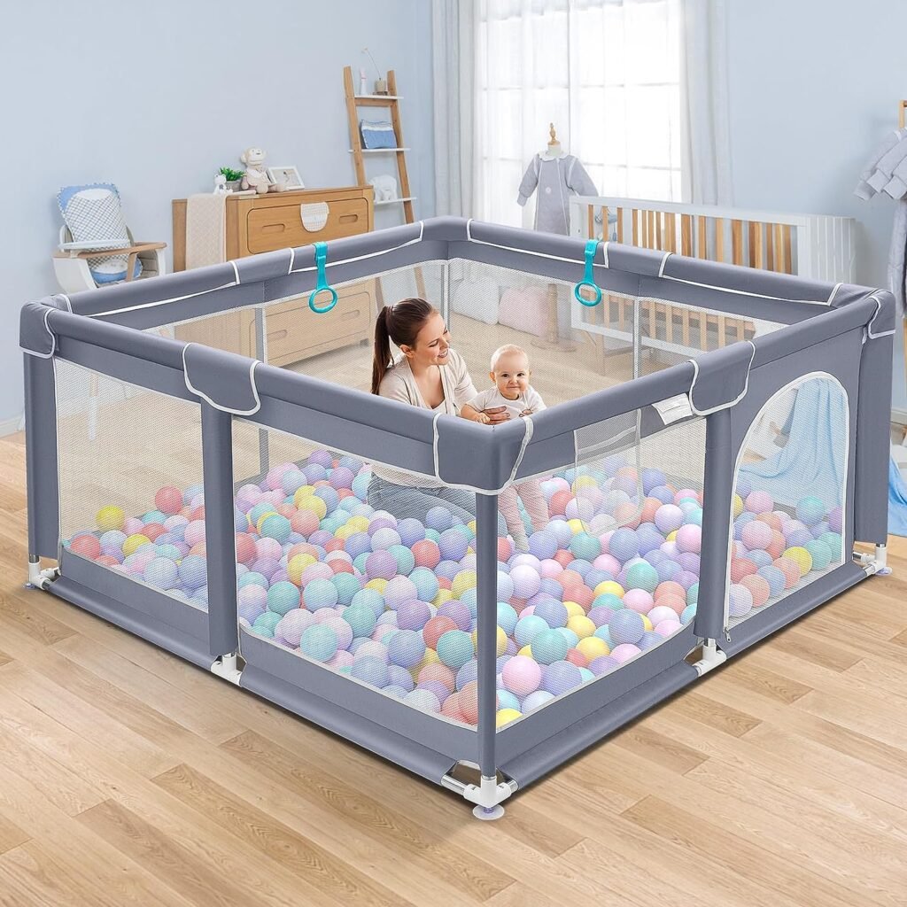 Suposeu Baby Playpen for Toddler, Large Baby Playard, Indoor  Outdoor Kids Activity Center, Sturdy Safety Play Yard with Soft Breathable Mesh, Grey, 50”×50”