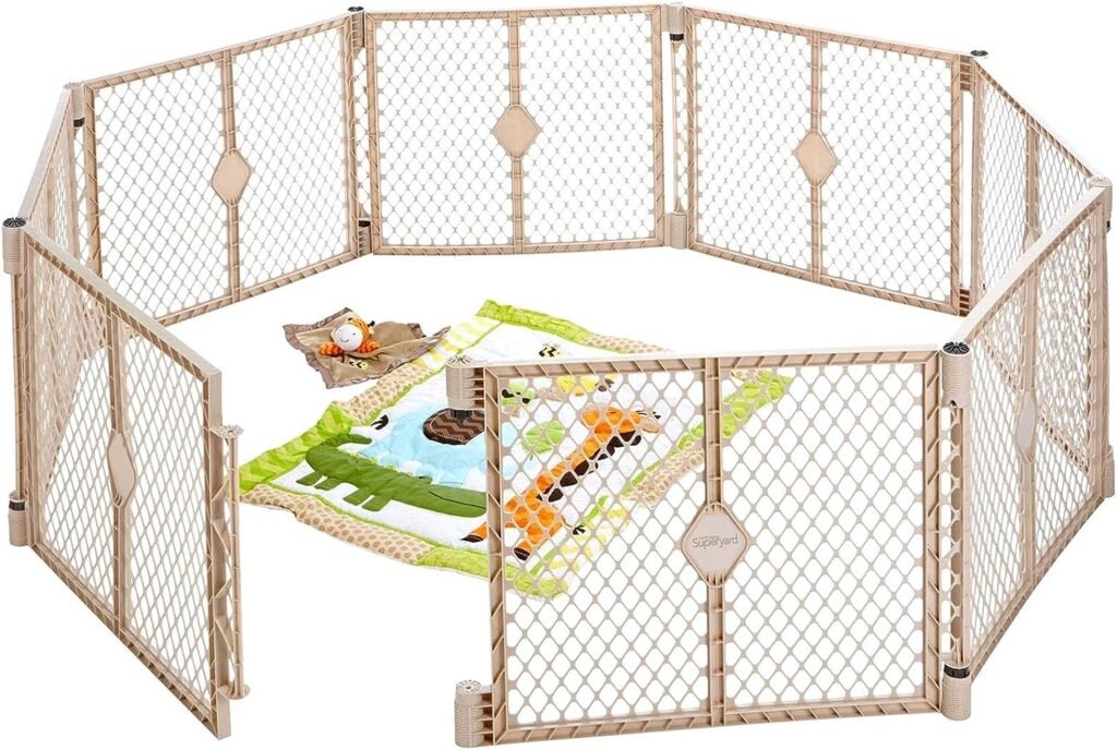 Toddleroo by North States Superyard Indoor/Outdoor 8-Panel Play Baby Yard, Made in USA: Safe play area anywhere. Freestanding. 18.5 sq. ft. enclosure or 6.5 ft. corner to corner (26 Tall, Sand)