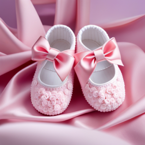 An enchanting image of two tiny, cotton candy pink baby shoes, delicately adorned with dainty bows and soft, cushioned soles, evoking pure innocence and sweetness