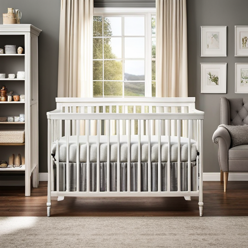 An image showcasing a variety of 4 in 1 cribs in a Target store aisle, highlighting their elegant designs, sturdy construction, adjustable features, and safety certifications, all while capturing the essence of choosing the perfect crib
