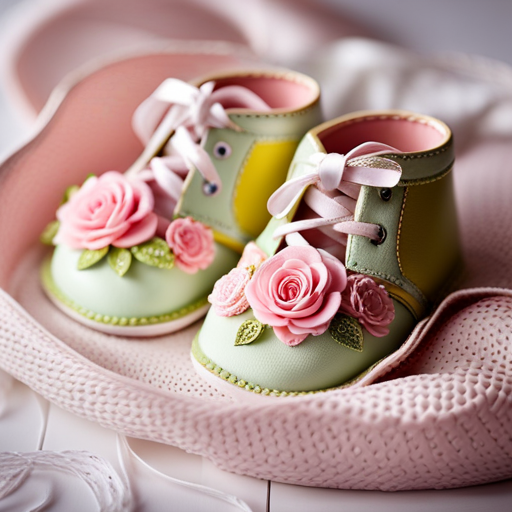 An image showcasing a pair of vibrant, soft-soled 6-month baby shoes in pastel hues, adorned with cute animal motifs and delicate stitching