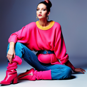 An image showcasing an 80s maternity outfit: A vibrant, oversized neon-pink sweater with shoulder pads, paired with acid-washed high-waisted jeans, accessorized with a chunky plastic belt and a pair of colorful leg warmers