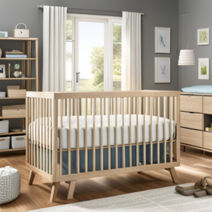An image of a cozy nursery with a modern, wooden crib adorned with soft, pastel bedding