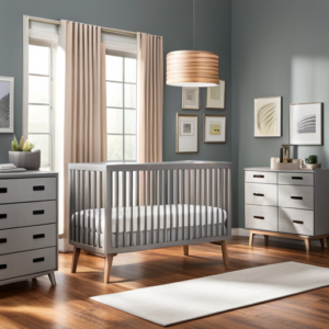 An image showcasing a cozy nursery with a sleek, modern crib at its center
