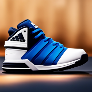 An image showcasing a pair of adorable baby Adidas shoes, featuring vibrant blue and white colors with the iconic three stripes on the sides, nestled on a soft, plush blanket