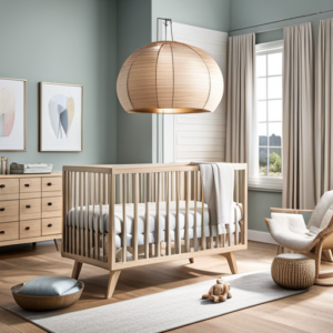 An image that showcases a serene nursery with a beautifully crafted wooden crib adorned with soft, pastel bedding