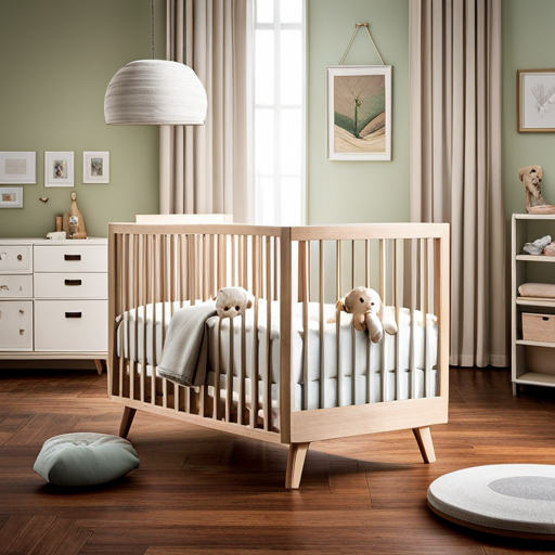 An image showcasing a beautifully crafted wooden baby cot, adorned with delicate pastel-colored bedding