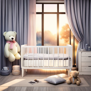 An image capturing a serene nursery with a beautifully crafted, white wooden baby cot adorned with soft, pastel bedding