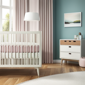 An image showcasing a bright and inviting nursery with a range of discounted baby cribs