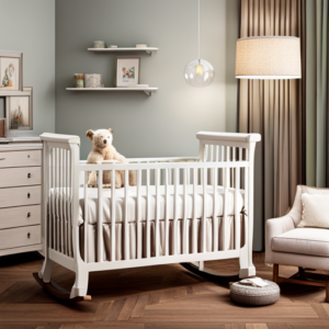 Baby Cribs for Sale 7 An image showcasing an inviting nursery adorned with a charming wooden crib, adorned with soft pastel bedding and delicate mobile, surrounded by fluffy stuffed animals and a cozy rocking chair
