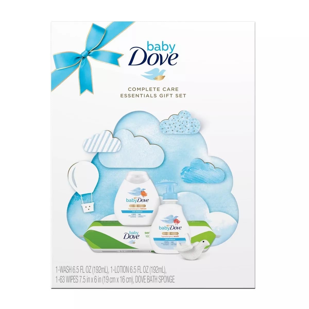 Baby Dove Complete Care Essentials Gift Set - Baby Gift Set with Two Dove Baby Body Wash, a Dove Baby Lotion, and a Dove-Shaped Baby Bath Sponge (4 Piece Set)