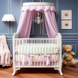 An image showcasing a charming baby girl's crib: a dainty pink canopy crib adorned with delicate lace curtains, surrounded by plush teddy bears and fluffy pillows in shades of lavender and mint green