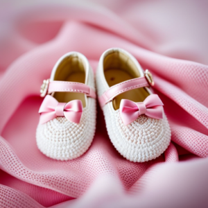 Baby Girl Shoes 3 An image showcasing a pair of dainty baby girl shoes, delicately adorned with tiny pink bows, resting on a plush, pastel-colored blanket, evoking a sense of innocence and sweetness