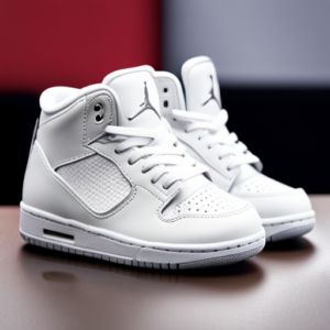 An image showcasing a pair of adorable baby Jordan shoes in pristine white, adorned with the iconic Jumpman logo