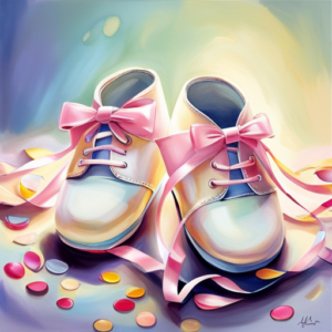 An image showcasing a pair of soft, pastel-hued baby shoes, delicately adorned with tiny bows and laces