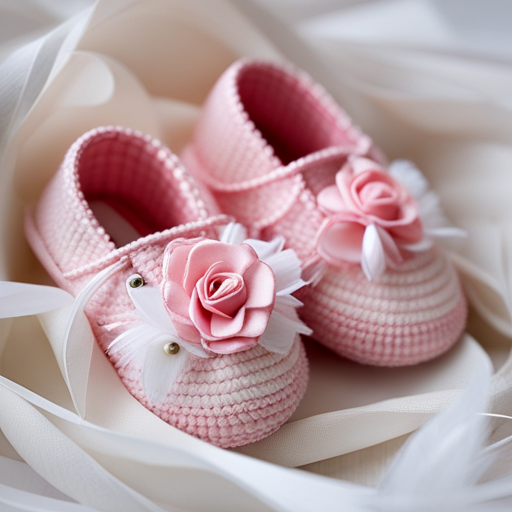 An image showcasing a pair of tiny, soft, pastel pink baby shoes with delicate, hand-sewn floral embroidery