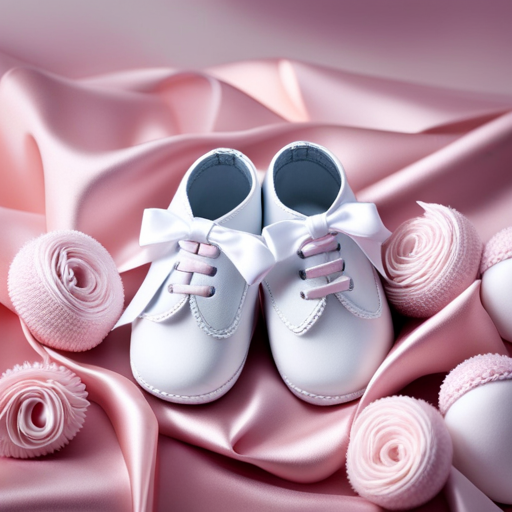 An image capturing the innocence of a pair of baby shoes, size 6 months, delicately adorned with tiny satin bows, resting on a plush white blanket, surrounded by soft, pastel-hued toys