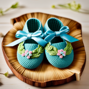 An image showcasing a pair of tiny, handcrafted baby shoes in vibrant shades of blue and green