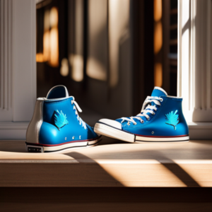 Baby Shoes Boy 5 E the essence of childhood adventure with a vivid image of tiny blue leather sneakers, adorned with playful dinosaur prints, placed on a sun-drenched windowsill, casting a delicate shadow against the rustic wooden floor
