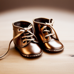 An image showcasing a pair of tiny, delicate baby shoes, bronzed to perfection