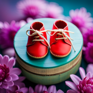 An image showcasing a pair of adorable baby shoes in vibrant colors, nestled in a cozy and charming setting