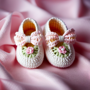 An image showcasing a pair of delicate, pastel-hued crochet baby shoes, adorned with intricate floral motifs and dainty ribbon bows