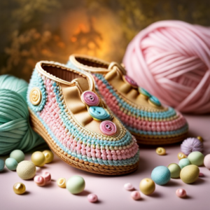 -up shot capturing the delicate and intricate stitches of a pair of handcrafted baby shoes, showcasing the soft pastel colors, adorable button accents, and the cozy warmth emanating from the fluffy yarn