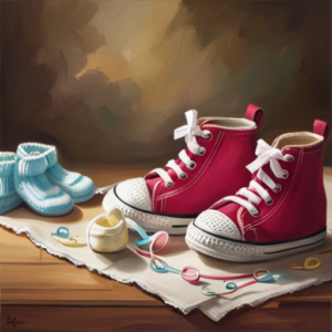 An image capturing the essence of adorable baby shoes: tiny, pastel-colored sneakers playfully scattered on a soft, fluffy rug, surrounded by a pair of tiny socks with delicate patterns