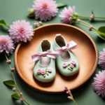 An image capturing a pair of tiny, soft leather baby shoes in pastel hues, adorned with delicate bows and surrounded by blooming spring flowers, evoking the anticipation and tenderness of a baby's first steps