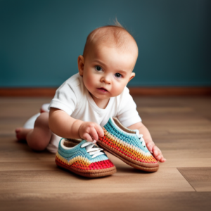 the magic of those first wobbly steps with an image that showcases a pair of tiny, soft-soled baby shoes adorned with colorful patterns and sturdy yet flexible soles, inviting exploration and growth