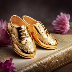An image featuring a pair of tiny, shimmering baby shoes made of pure gold, glinting under a soft, warm light