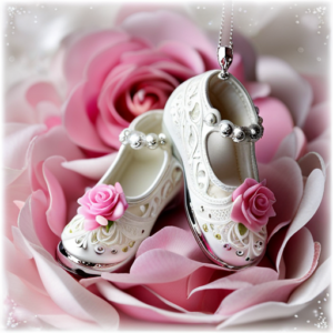 Baby Shoes Ornament 9 An image featuring a delicate white porcelain baby shoe ornament, adorned with intricate lace patterns and shimmering silver accents