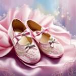 An image that showcases a pair of delicate, pastel-colored baby shoes, adorned with intricate lace and tiny satin bows, gently placed on a plush, fluffy cushion, surrounded by a soft, dreamy lighting
