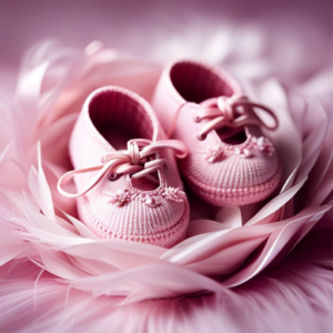 Baby Shoes 3 An image showcasing a pair of tiny pastel pink baby shoes with delicate lace trim, sitting on a plush white blanket, surrounded by soft, fluffy feathers, evoking pure innocence and tender moments