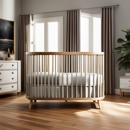 An image showcasing the safety features of the best 4 in 1 crib: a sturdy frame with rounded edges, non-toxic materials, adjustable mattress height, and secure railings with no gaps