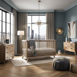 An image of a cozy nursery with a sleek, sturdy crib in the center