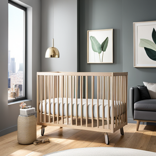 An image showcasing a sleek, minimalist crib with a compact and space-saving design