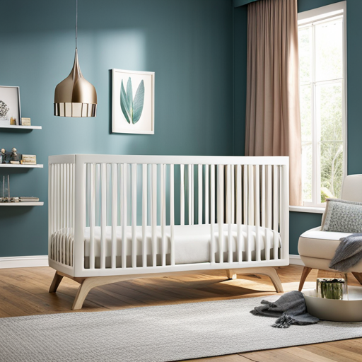 An image showcasing a sleek, modern convertible crib, with its elegant white frame, adjustable mattress height, and smooth, curved edges