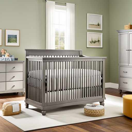 An image showcasing a stylish crib with a built-in changing table, seamlessly transforming into a toddler bed and daybed