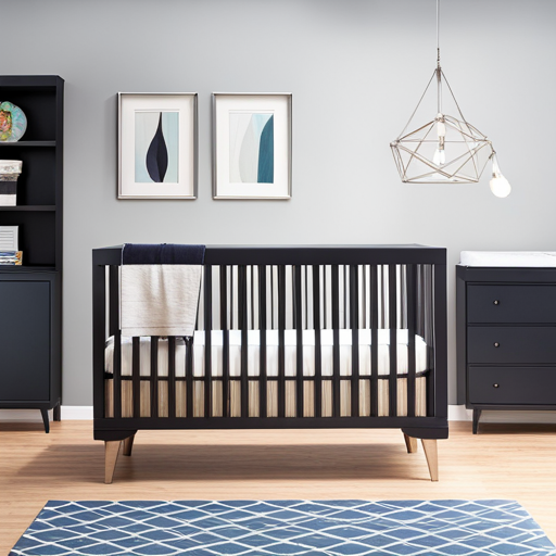 An image showcasing a sleek, contemporary nursery with a minimalist design, featuring a chic crib with a built-in changing table