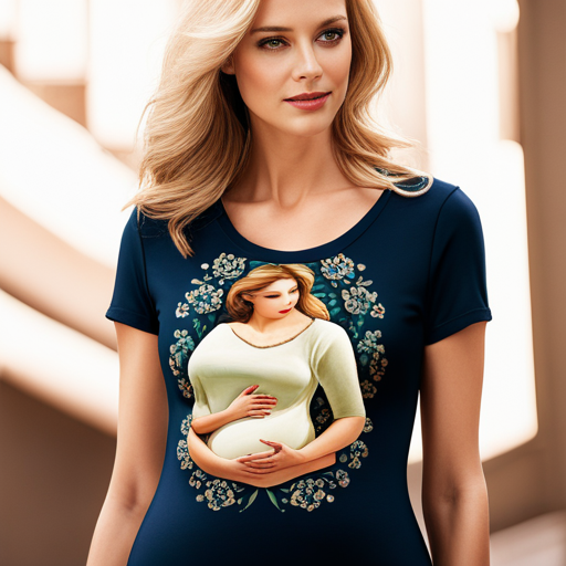  the essence of comfort and style with an image showcasing a radiant expectant mother donning a soft, fitted maternity t-shirt, complemented by delicate floral patterns that accentuate her blossoming beauty