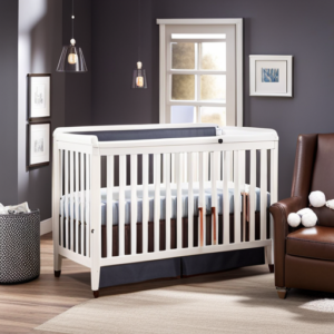 An image showcasing a stylish boy crib adorned with plush, patterned bedding, a whimsical mobile dangling overhead, and a cozy plush toy nestled in the corner, emanating an ambiance of comfort and joy